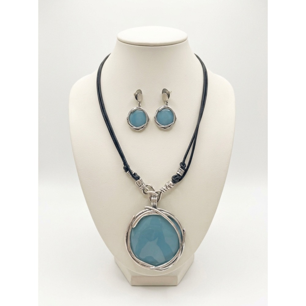 Turquoise Blue Statement Pendant Necklace & Earrings Silver Tone Set